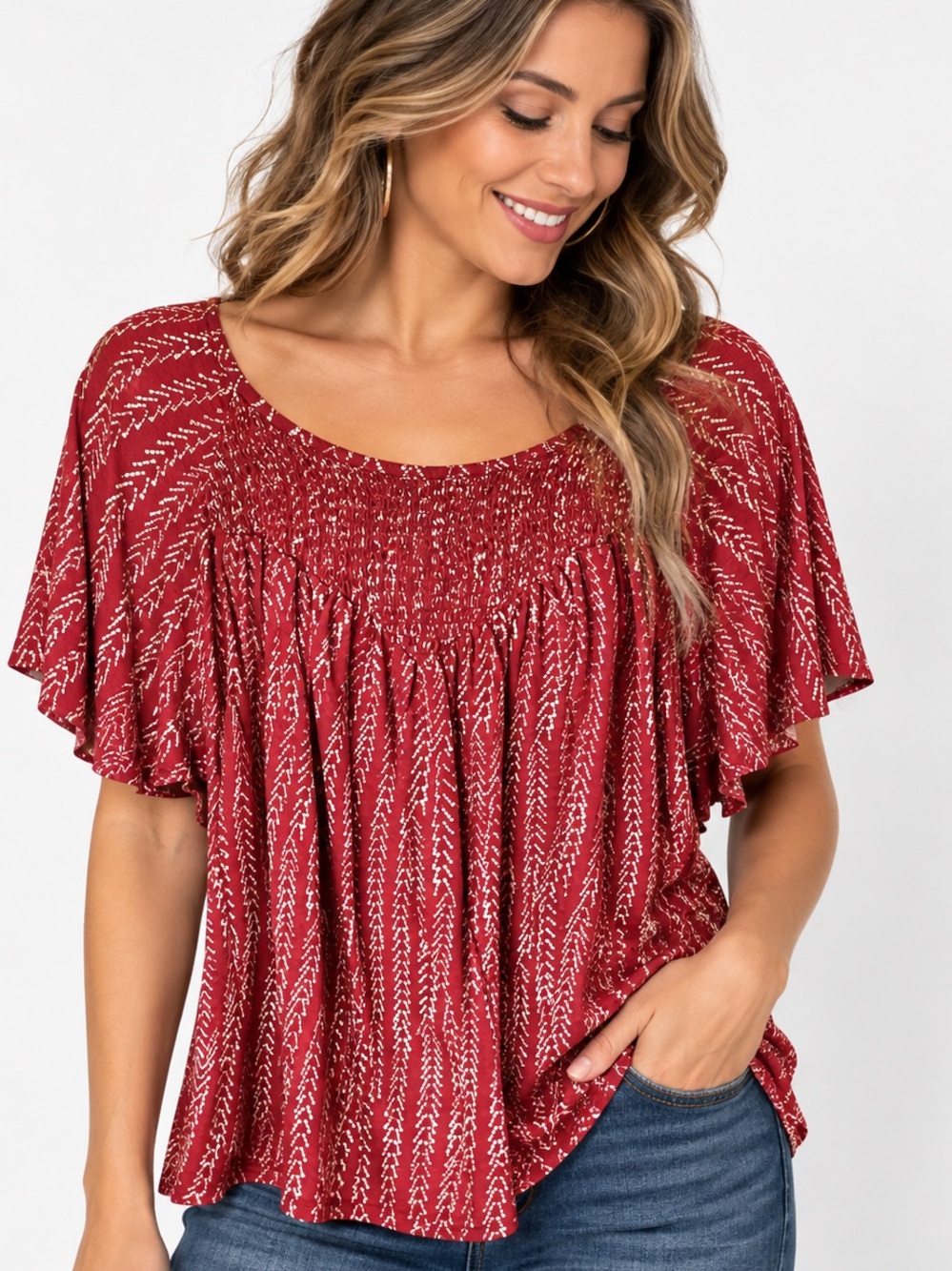 LUCKY BRAND Burgundy Smocked Flutter Sleeve Boho Blouse Top M